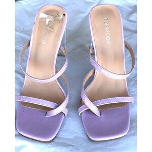 Womens 7 Lavender Patent Strappy Clear Lucite Heel Y2K Sandals Top Moda